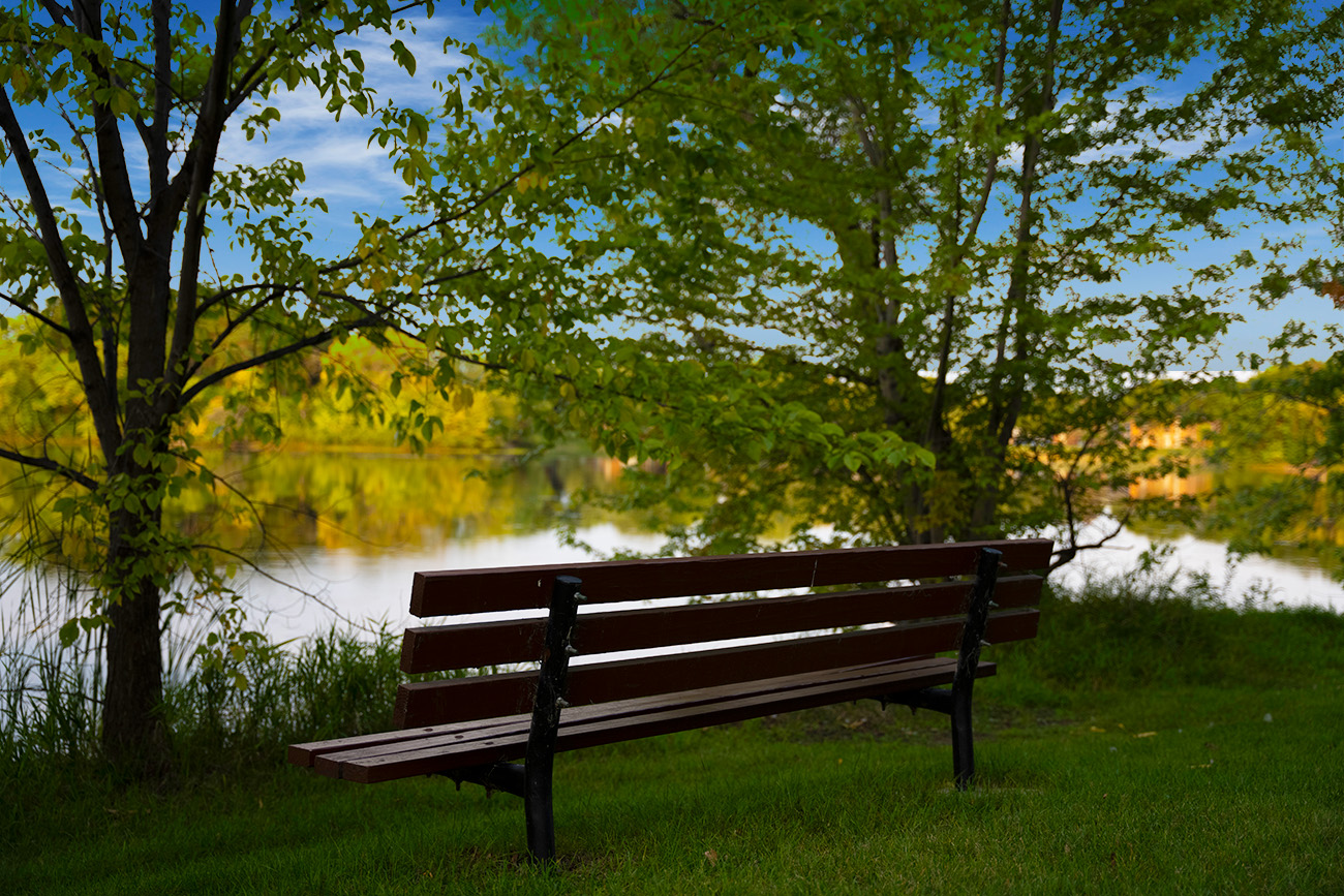 Bench overlooking Lake Schmidt at apartments for rent in Inver Grove Heights, MN